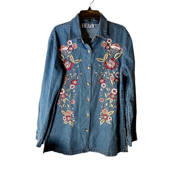 Vintage Floral Embroidered Cotton Country Denim Overshirt Button-Down Top, M - Picture 1 of 11